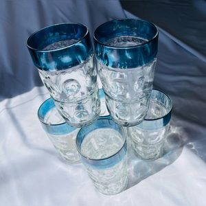 Six 6 King's Crown Thumbprint Blue Flashed (Top Only) 12 ounce Tumbler 5 1/2 in
